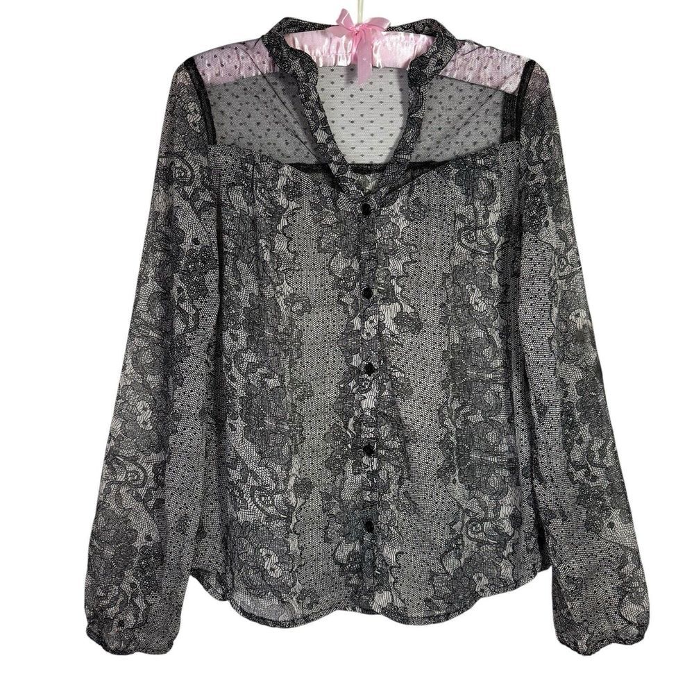Vintage Y2K Charlotte Russe Blouse Sheer Popover Shirt Black Floral Button Front